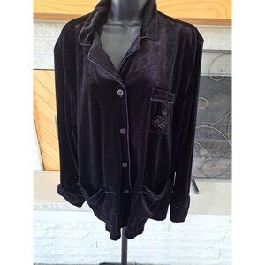 Lauren Ralph Lauren Black Velvet Button-Front Pajama Top XL Embroidered Pockets